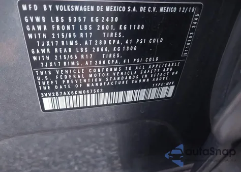 2019 Volkswagen Tiguan 2.0T Se/2.0T Sel/2.0T Sel R-Line/2.0T Sel R-Line Black from USA, damaged, VIN 3VV2B7AX6KM067503